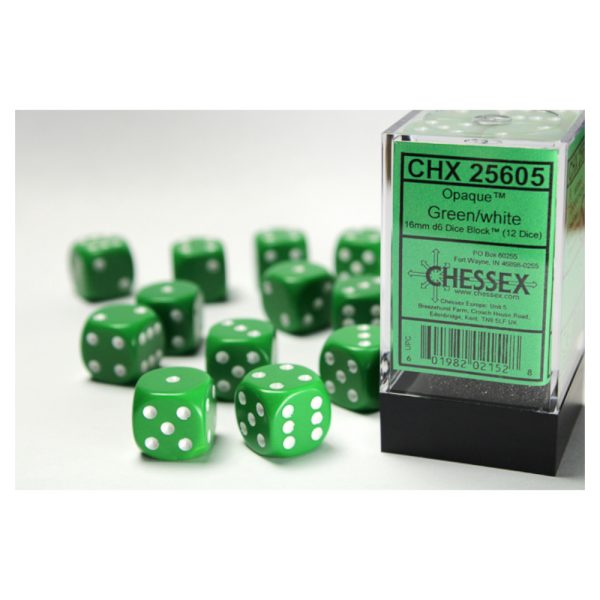 Opaque 16mm d6 Green/white Dice Block