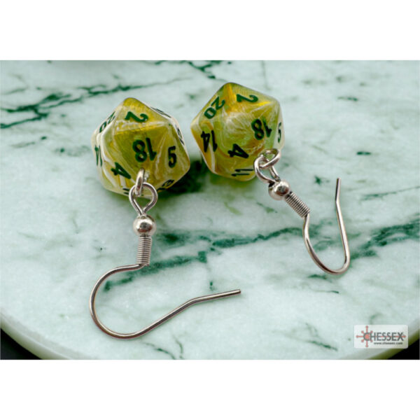 Hook Earrings Marble Green Mini-Poly d20 Pair