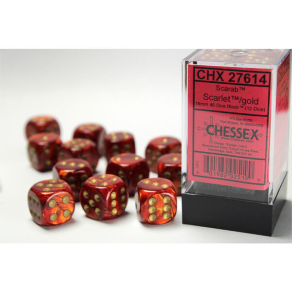 Chessex 16mm d6 with pips Dice Blocks (12 Dice) - Scarab Scarlet w/gold