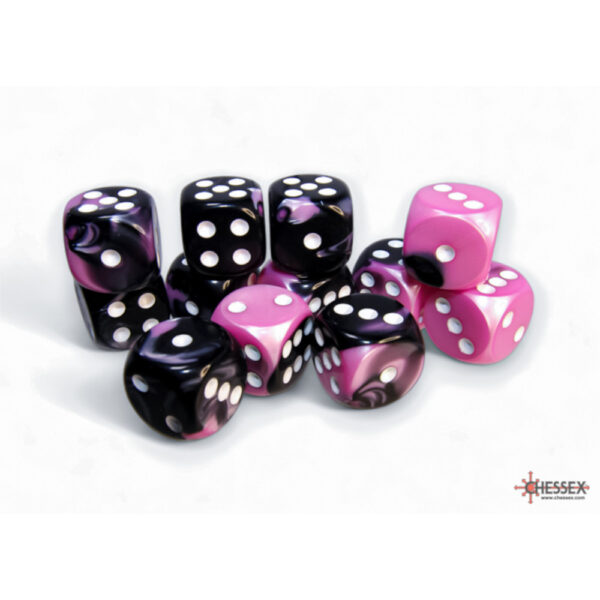 Chessex Gemini 16mm d6 with pips Dice Blocks (12 Dice) - Black-Pink w/white